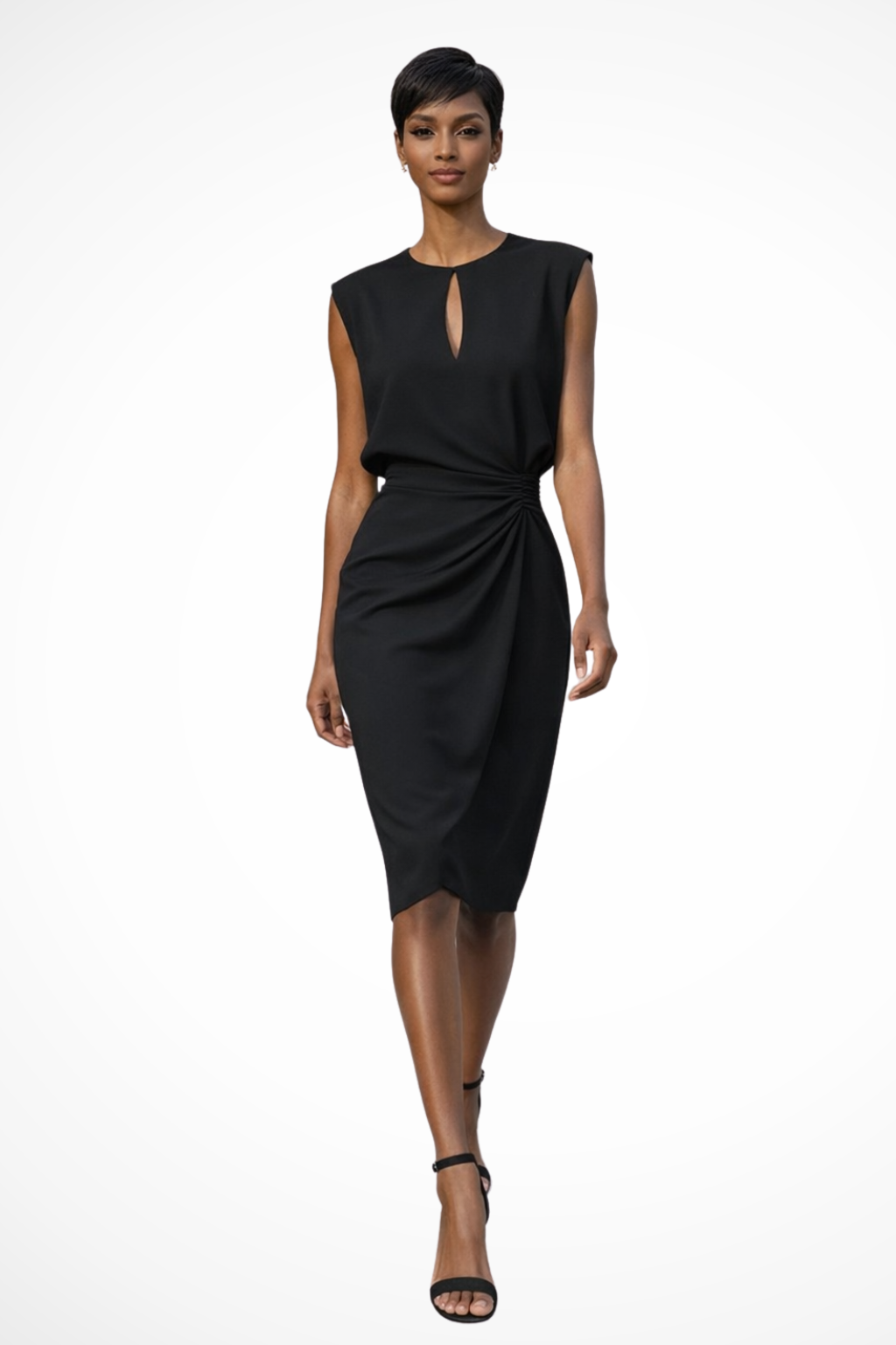 Women Ruched Wrap Midi Dress with Cap Sleeves
