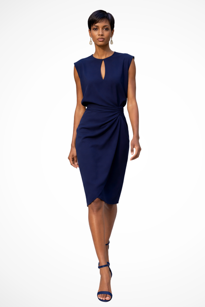 Women Ruched Wrap Midi Dress with Cap Sleeves
