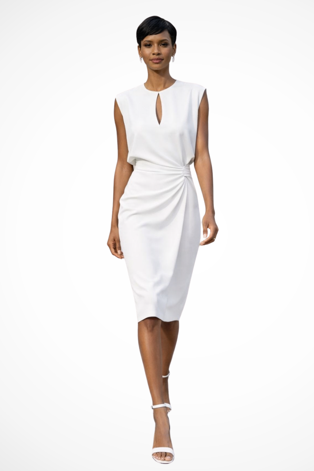 Women Ruched Wrap Midi Dress with Cap Sleeves