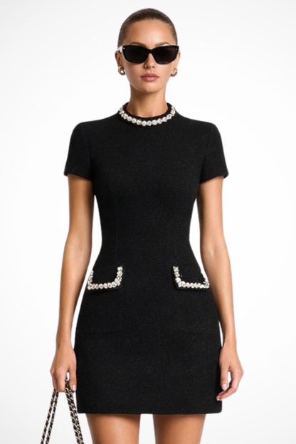 Women Pearl Trim Mini Dress with Pocket Detail