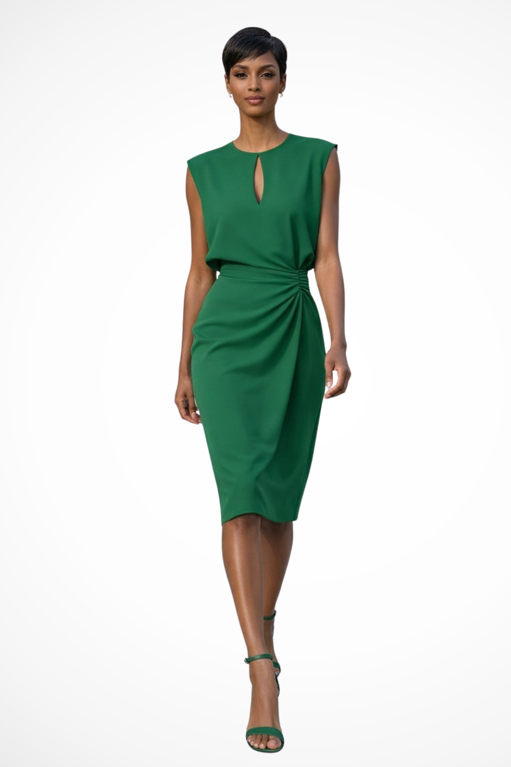 Women Ruched Wrap Midi Dress with Cap Sleeves