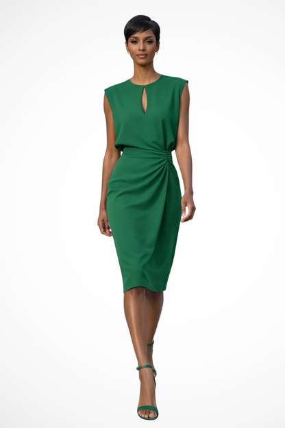 Women Ruched Wrap Midi Dress with Cap Sleeves