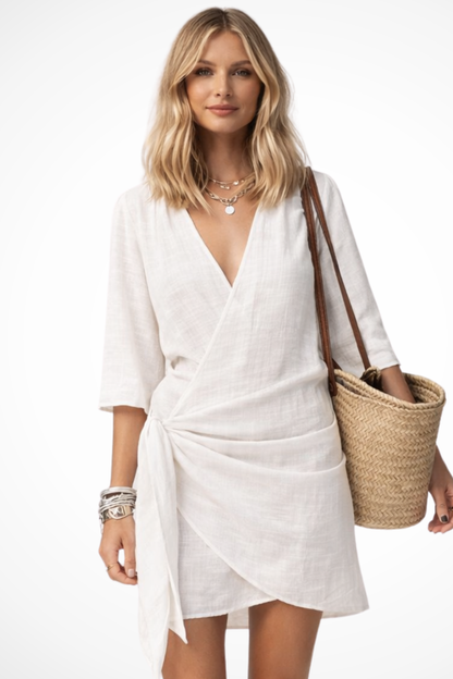 Women Wrap Mini Dress with Tie Waist and Short Sleeves