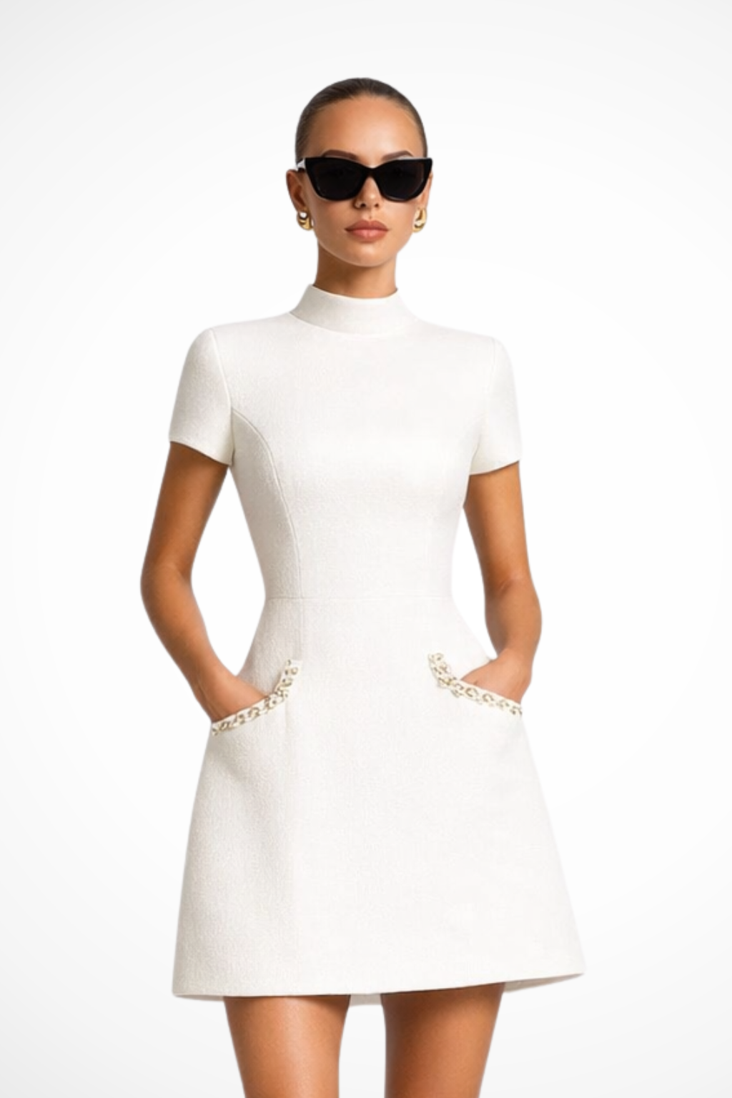 Women Pearl Trim Mini Dress with Pocket Detail