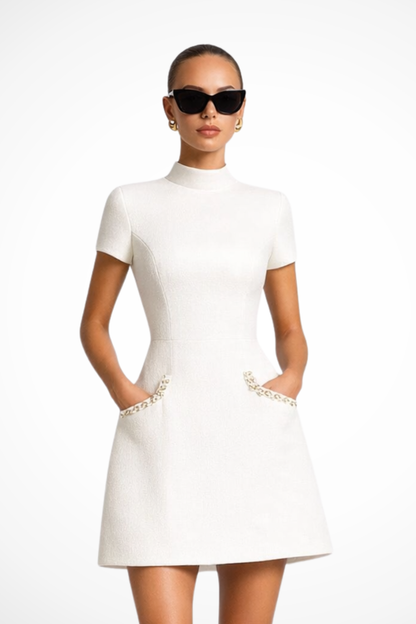 Women Pearl Trim Mini Dress with Pocket Detail