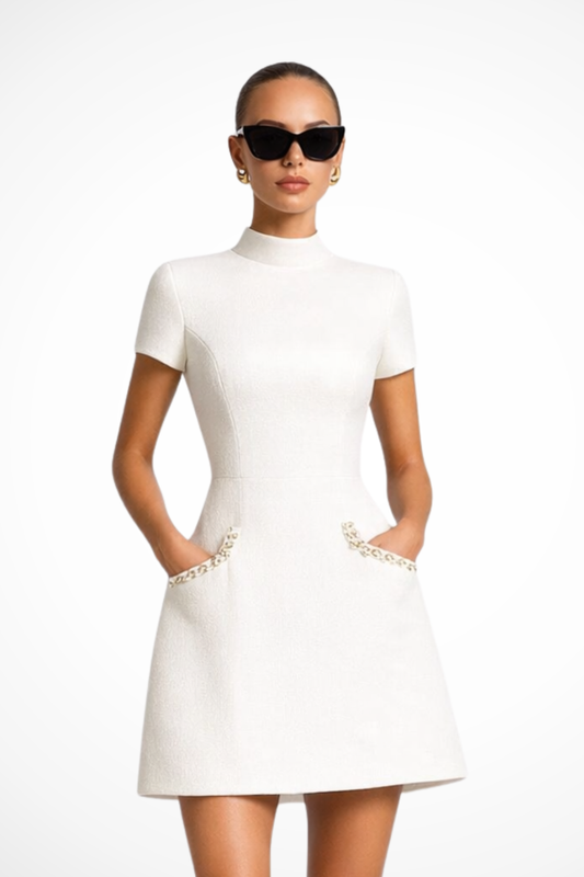 Women Pearl Trim Mini Dress with Pocket Detail