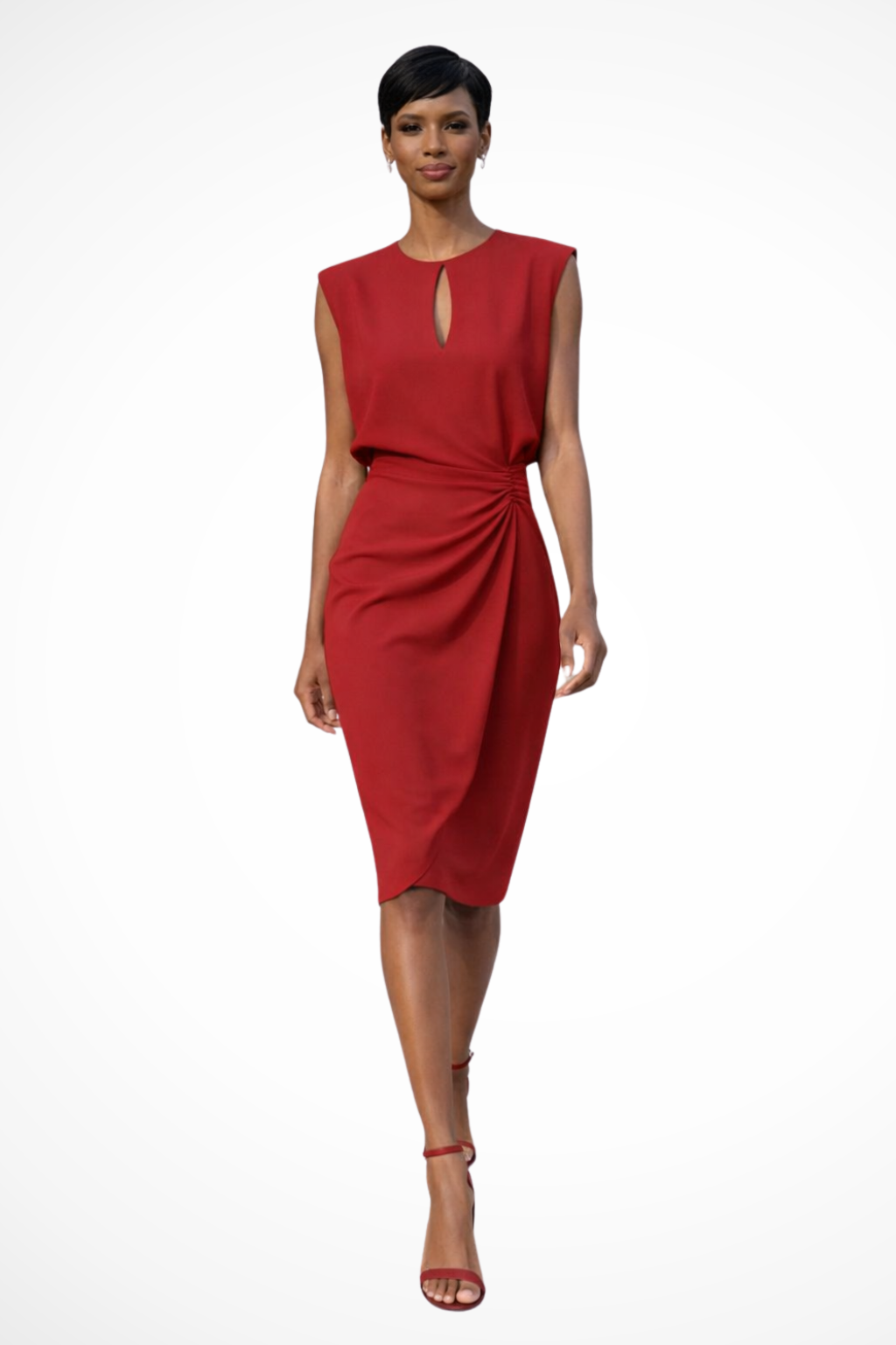 Women Ruched Wrap Midi Dress with Cap Sleeves