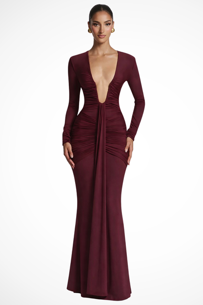 Women Long Sleeve Deep V Neck Ruched Fitted Maxi Wedding Guest Dress