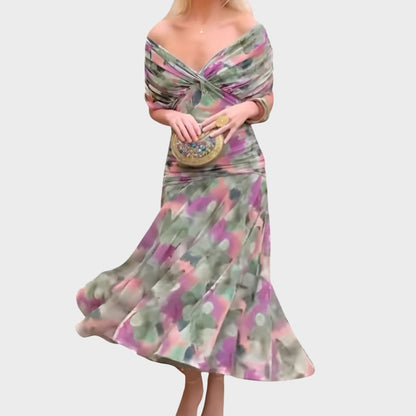 Women's Off-Shoulder Ruched Evening Dress – Flowing Skirt, Elegant Formal