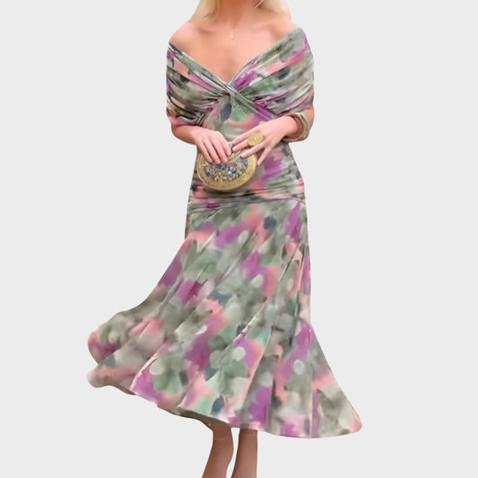 Women's Off-Shoulder Ruched Evening Dress – Flowing Skirt, Elegant Formal