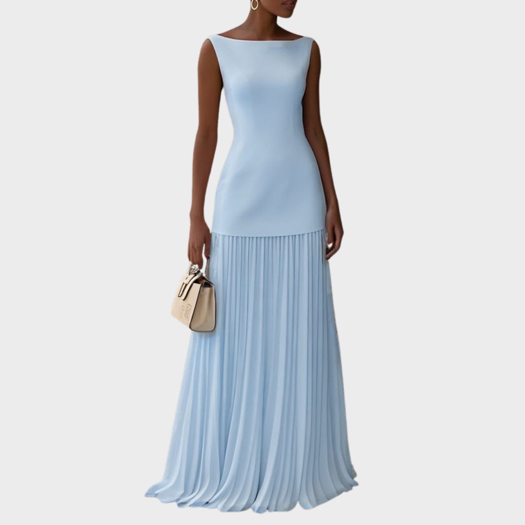 Women's Sleeveless Pleated Formal Dress – Boat Neck, Fitted Bodice, Elegant