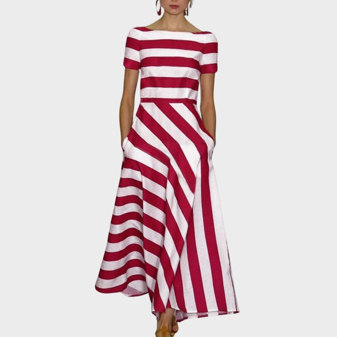 Women's Striped A-Line Dress – Boat Neck, Short Sleeve, Casual Elegant Style