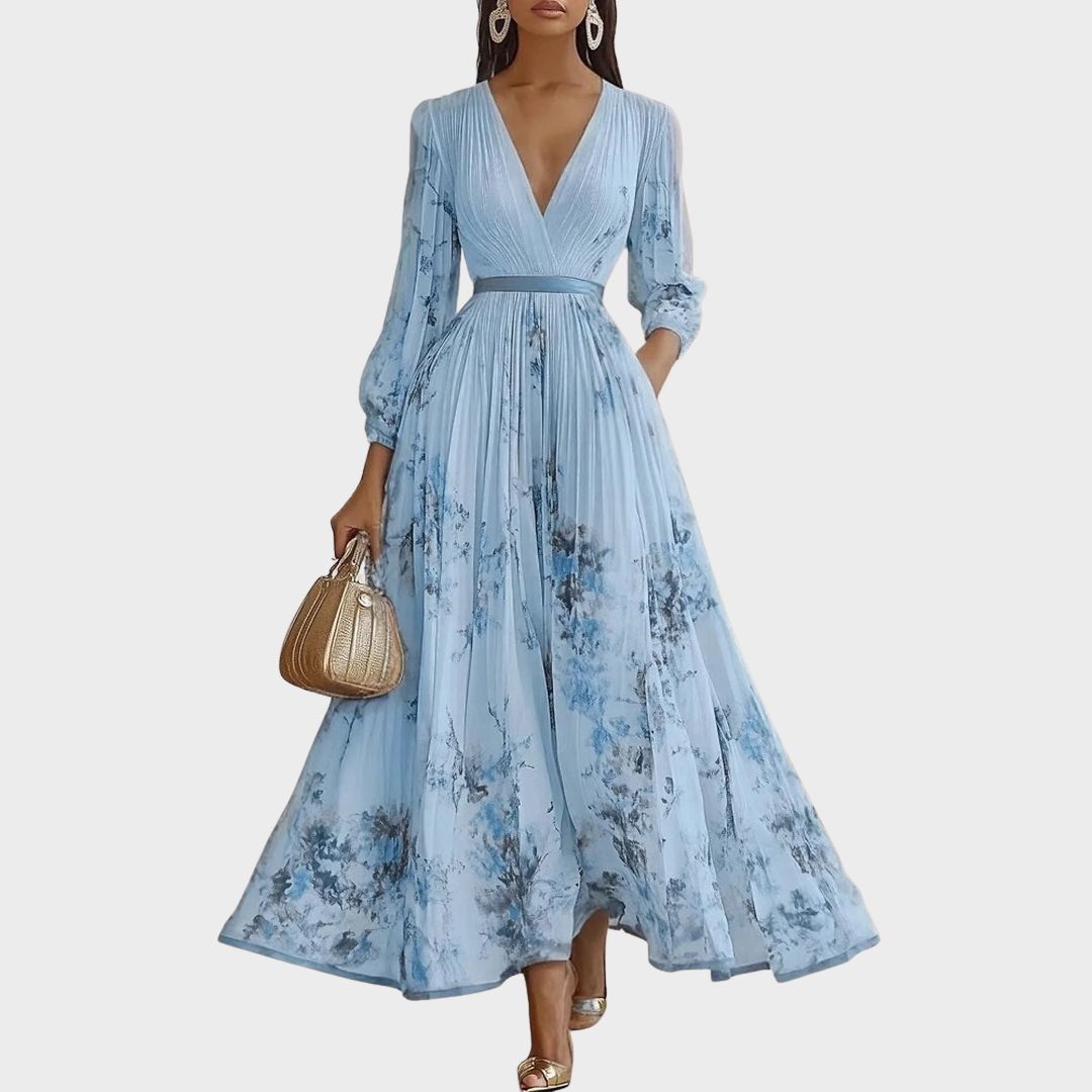 Women's Floral Pleated Maxi Dress – V-Neck, Ribbon Waist, Long Sleeve Style