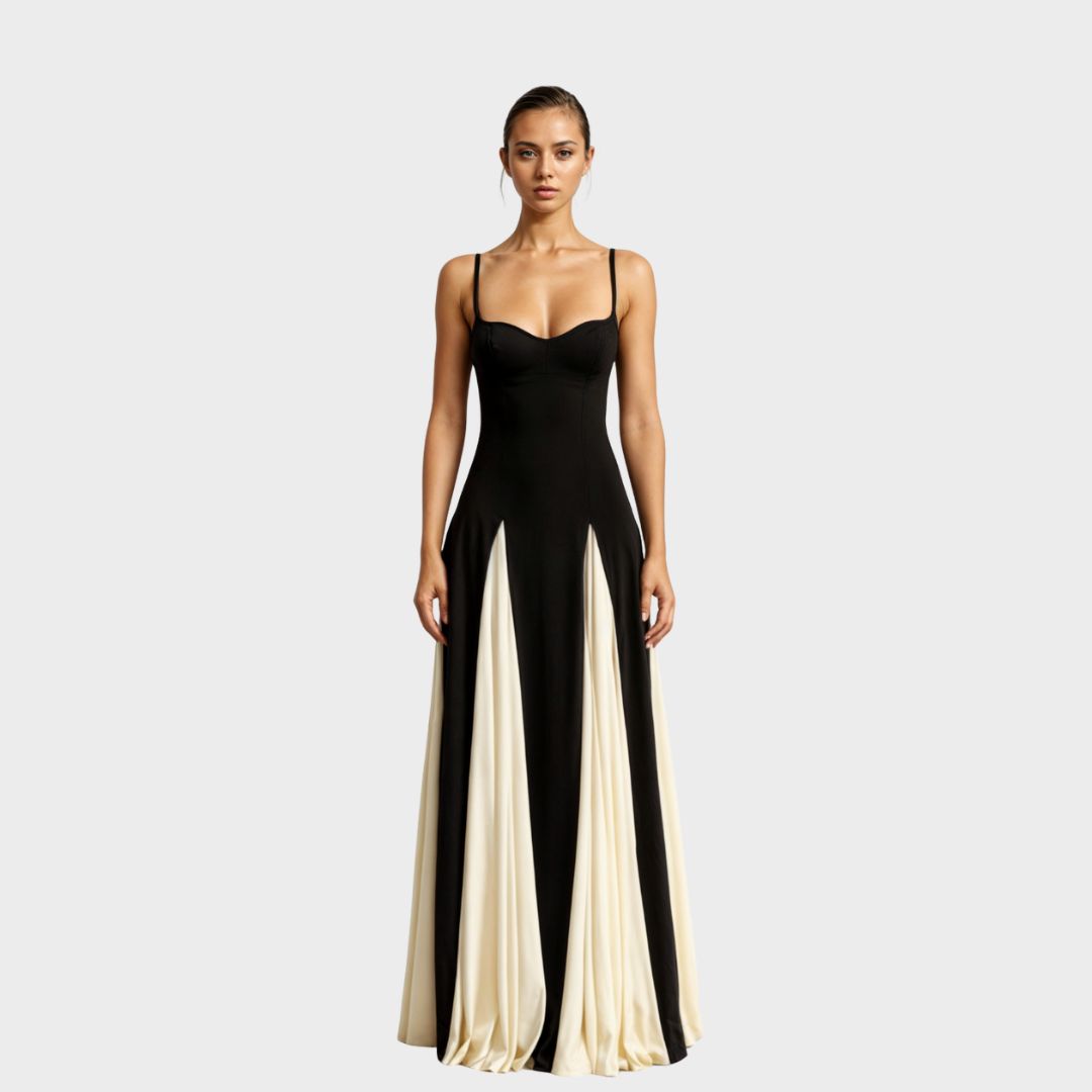 Women's Elegant Sweetheart Maxi Dress – Fitted Bodice, Two-Tone Formal Style