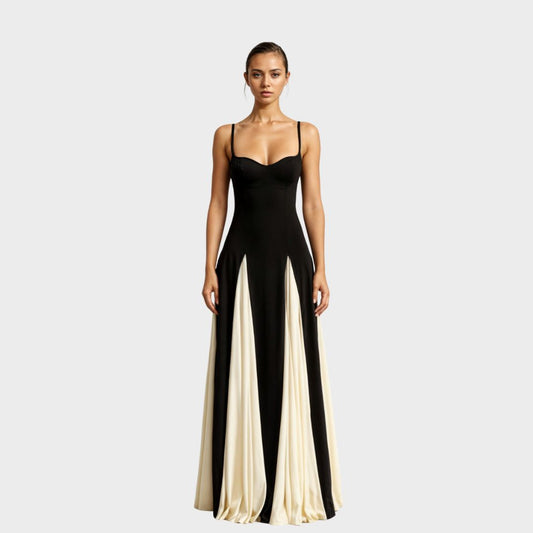 Women's Elegant Sweetheart Maxi Dress – Fitted Bodice, Two-Tone Formal Style