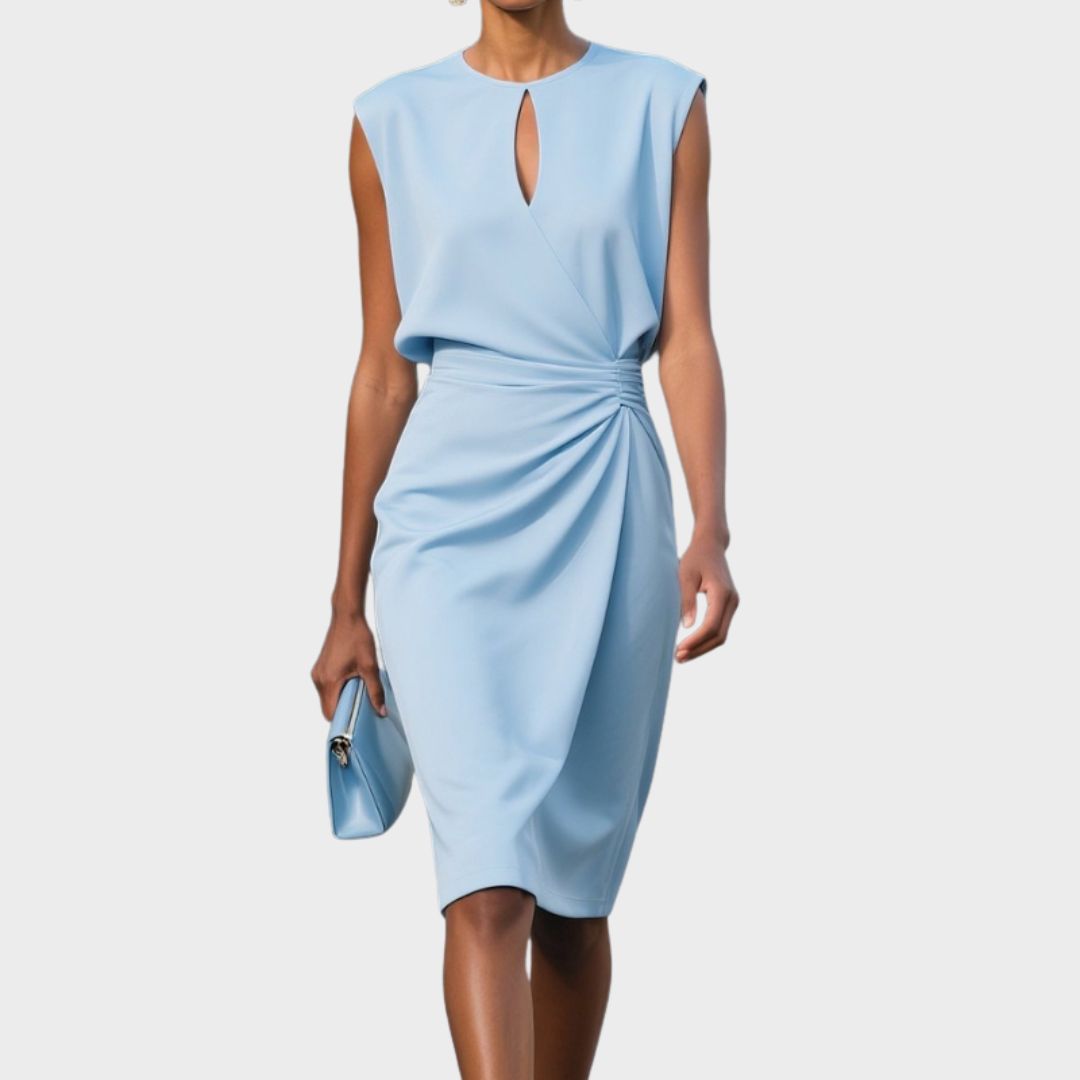 Women's Sleeveless Gathered Waist Knee-Length Dress – Keyhole Neck, Elegant