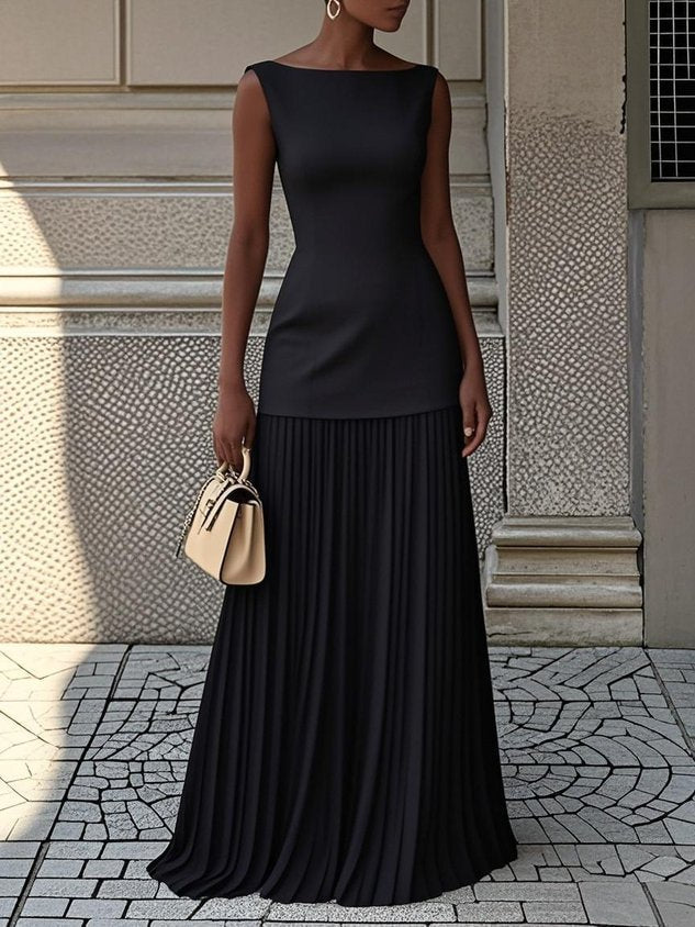 Women's Sleeveless Pleated Formal Dress – Boat Neck, Fitted Bodice, Elegant
