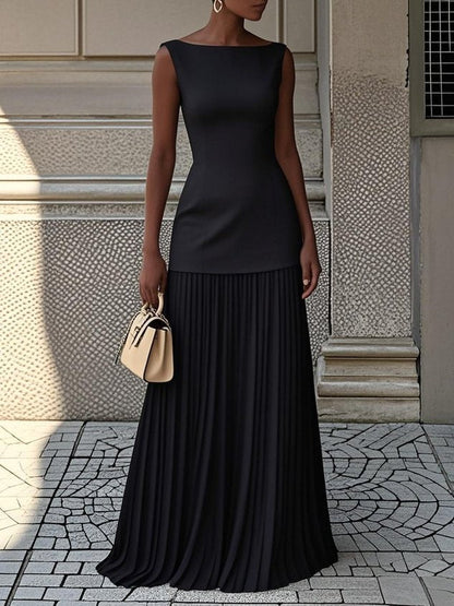 Women's Sleeveless Pleated Formal Dress – Boat Neck, Fitted Bodice, Elegant