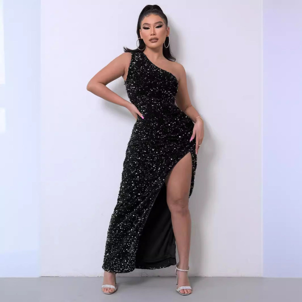 Women's Sequin One-Shoulder Evening Dress – Floor Length, Thigh Slit, Gala