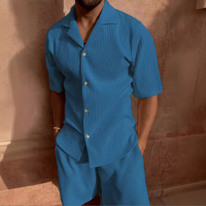 Casual Button-Up Shirt and Shorts Set for Men