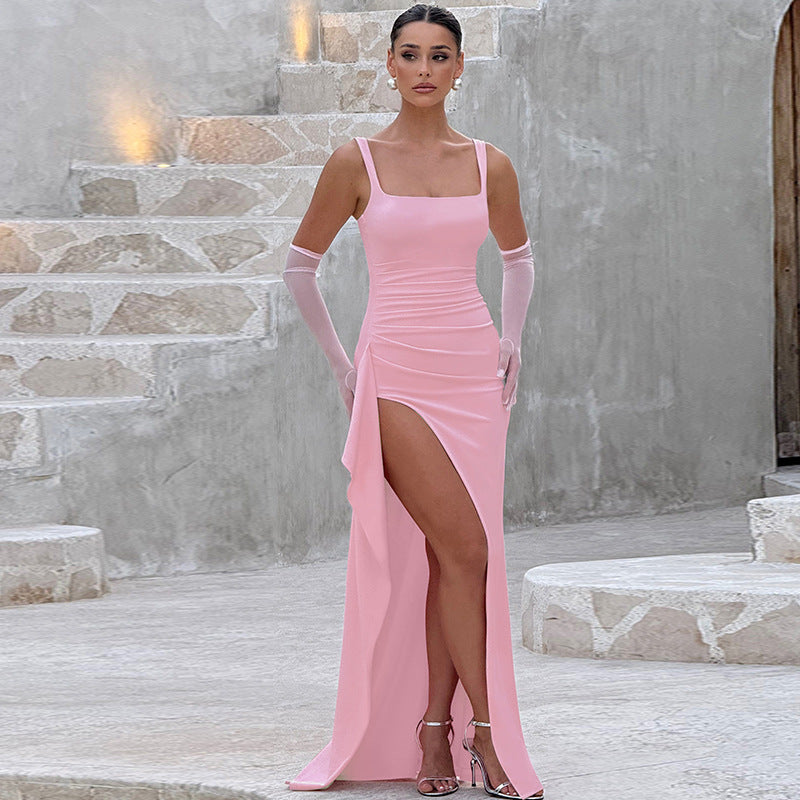 Women's Elegant Slip Maxi Dress – Open Back, Formal Sleeveless, Satin Style
