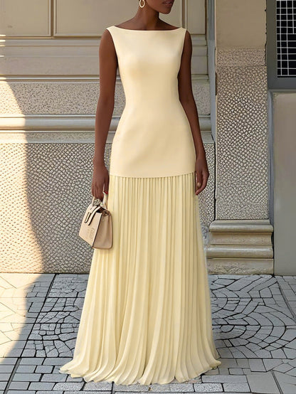 Women's Sleeveless Pleated Formal Dress – Boat Neck, Fitted Bodice, Elegant