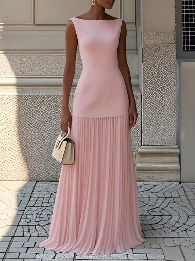 Women's Sleeveless Pleated Formal Dress – Boat Neck, Fitted Bodice, Elegant