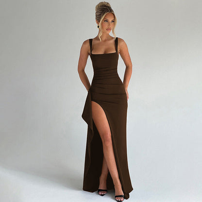 Women's Elegant Slip Maxi Dress – Open Back, Formal Sleeveless, Satin Style