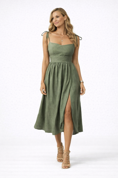 Women’s Midi Dress V Neck Open Back Slit