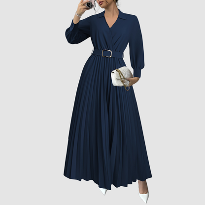 Women's V-Neck Pleated Maxi Dress – Belted Waist, Long Sleeve, Elegant Style