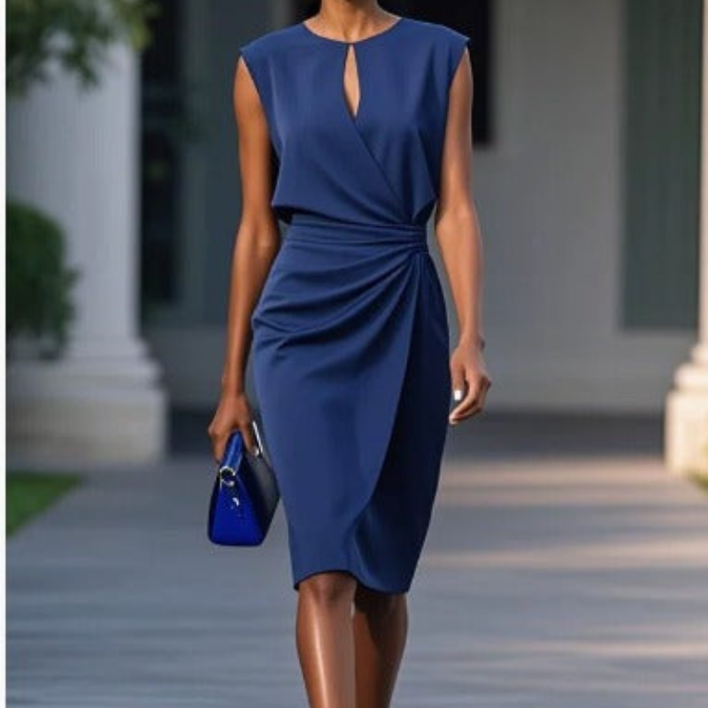 Women's Sleeveless Gathered Waist Knee-Length Dress – Keyhole Neck, Elegant