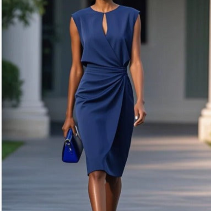 Women's Sleeveless Gathered Waist Knee-Length Dress – Keyhole Neck, Elegant