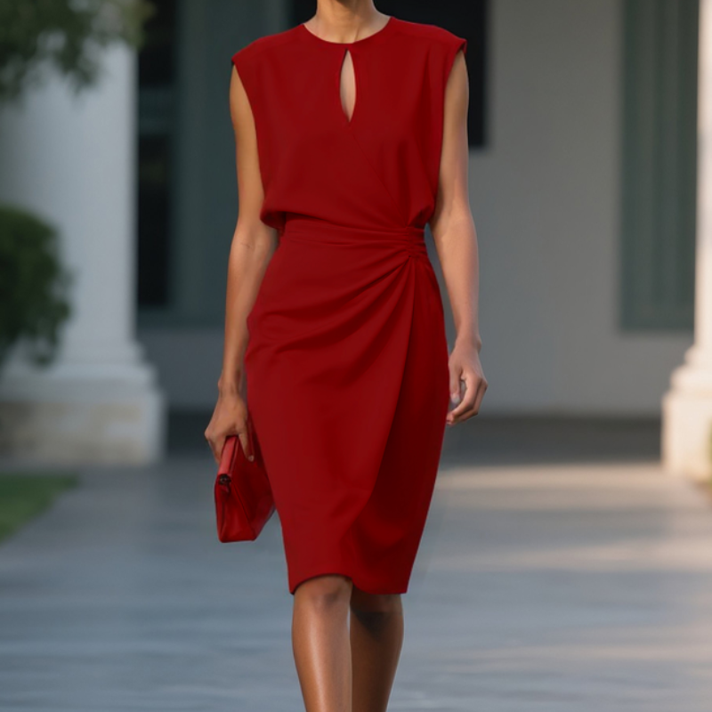 Women's Sleeveless Gathered Waist Knee-Length Dress – Keyhole Neck, Elegant