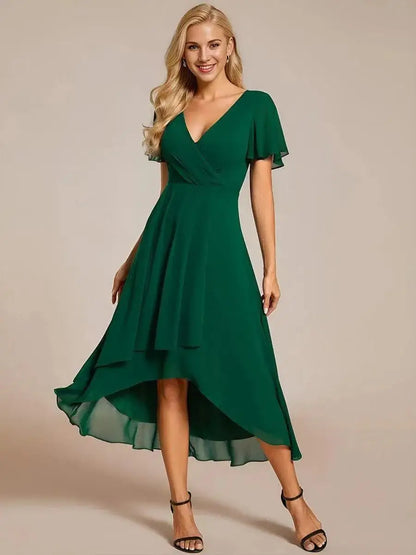 Women's Elegant Flowing A-Line Dress – V-Neck, Flutter Sleeve, Midi Length