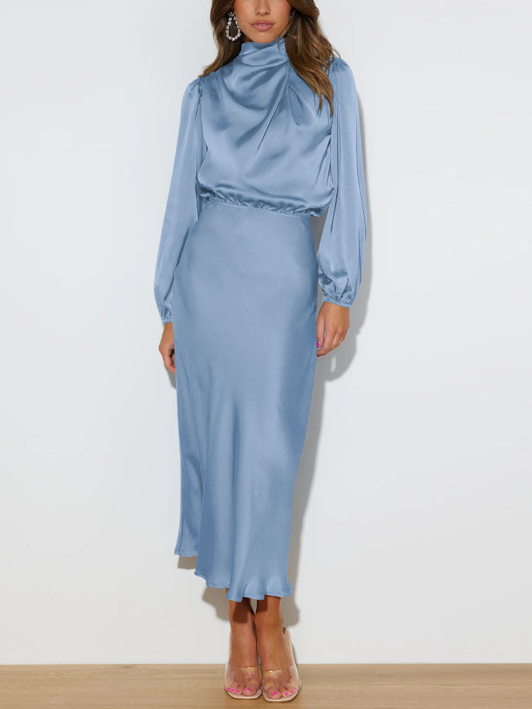 Women's Satin Maxi Dress – High Neck, Bishop Sleeves, Elegant Formal Style