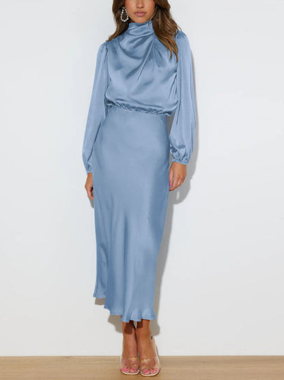 Women's Satin Maxi Dress – High Neck, Bishop Sleeves, Elegant Formal Style