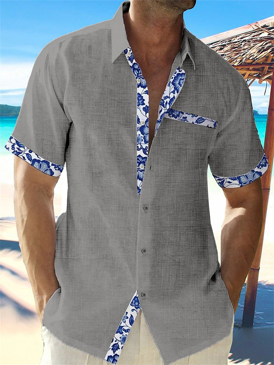 Stylish Linen Shirt with Floral Trim for Men