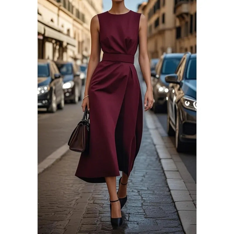 Women's Sleeveless Round Neck Midi Dress – Pleated Waist, Side Slit, Elegant