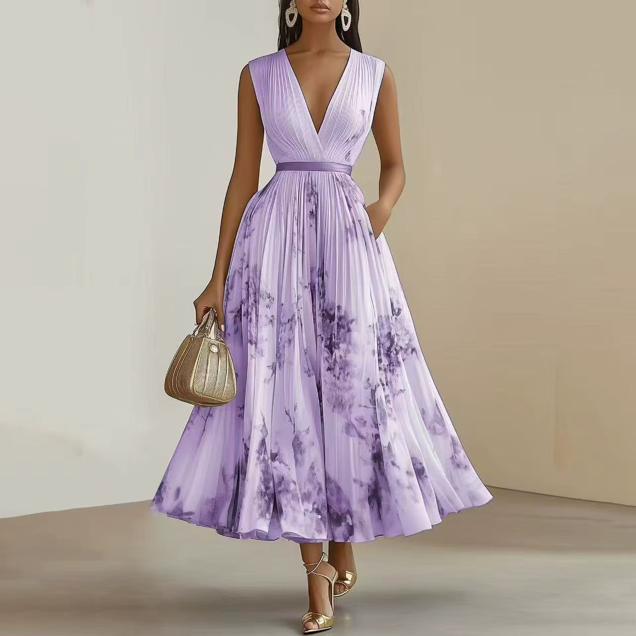 Women's Floral Pleated Maxi Dress – V-Neck, Ribbon Waist, Long Sleeve Style
