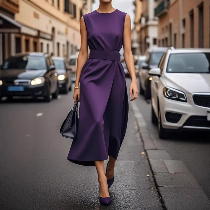 Women's Sleeveless Round Neck Midi Dress – Pleated Waist, Side Slit, Elegant