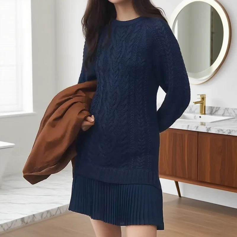 Women's Cable Knit Sweater Dress – Pleated Hem, Long Sleeve, Cosy Winter Style