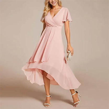 Women's Elegant Flowing A-Line Dress – V-Neck, Flutter Sleeve, Midi Length