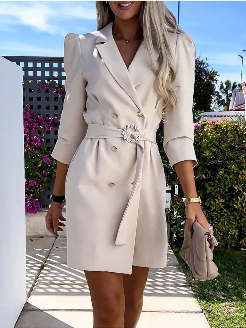 Women's Printed Collar Midi Dress – Double Breasted, Belted, Tailored Fit