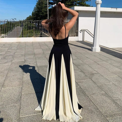 Women's Elegant Sweetheart Maxi Dress – Fitted Bodice, Two-Tone Formal Style