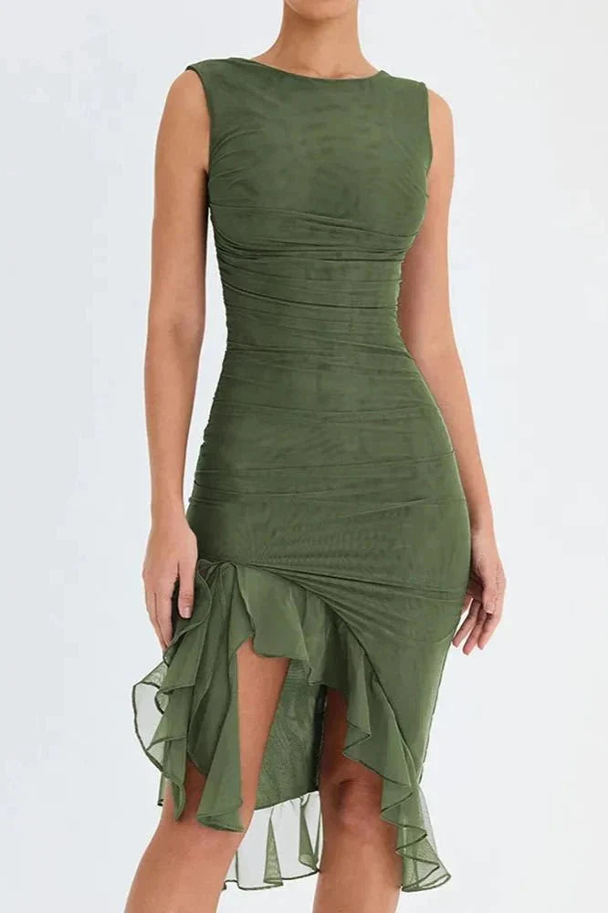 Women Ruched Sleeveless Midi Wedding Guest Dress