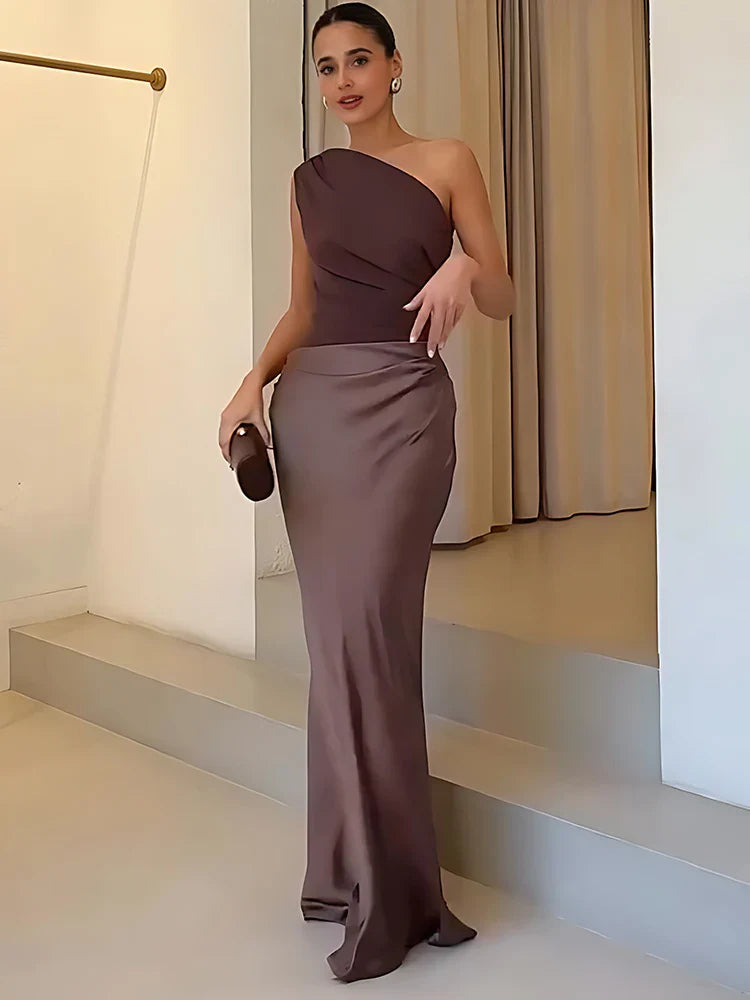 Women's One-Shoulder Satin Maxi Dress – Ruched Bodice, Elegant Formal Style