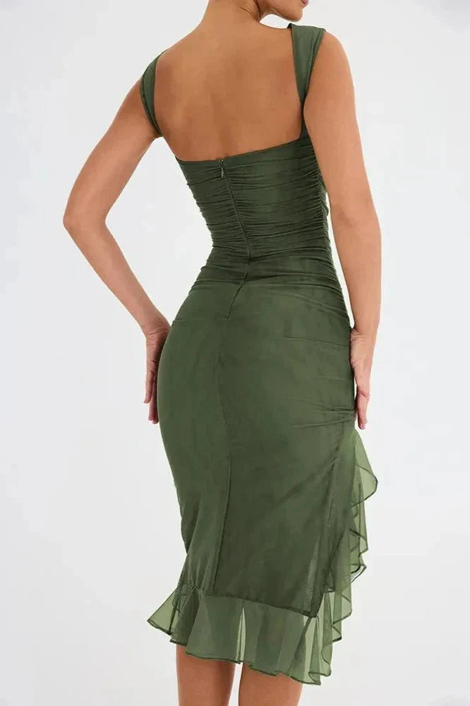 Women Ruched Sleeveless Midi Wedding Guest Dress