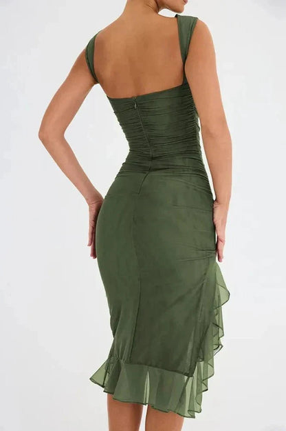 Women Ruched Sleeveless Midi Wedding Guest Dress