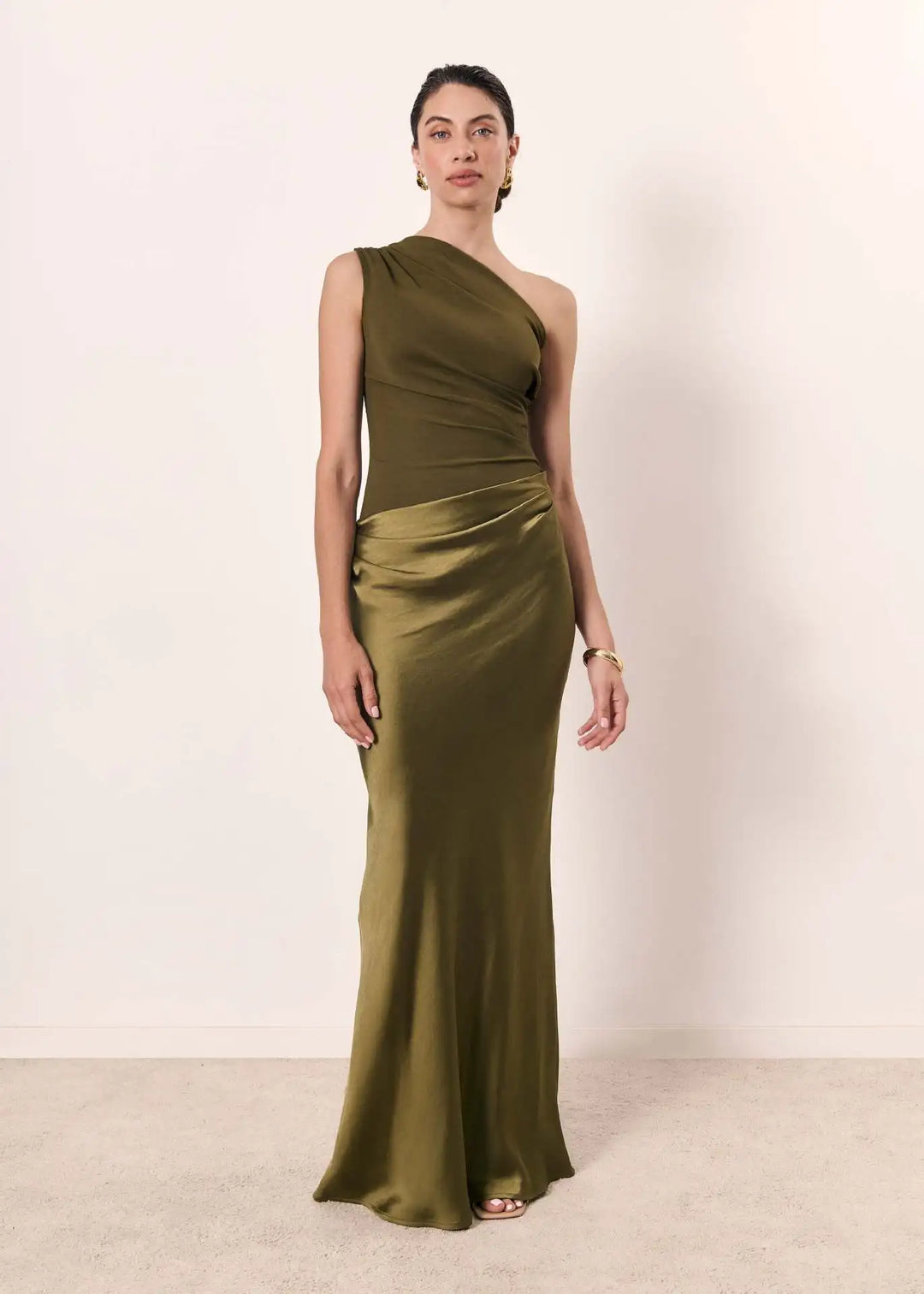 Women's One-Shoulder Satin Maxi Dress – Ruched Bodice, Elegant Formal Style