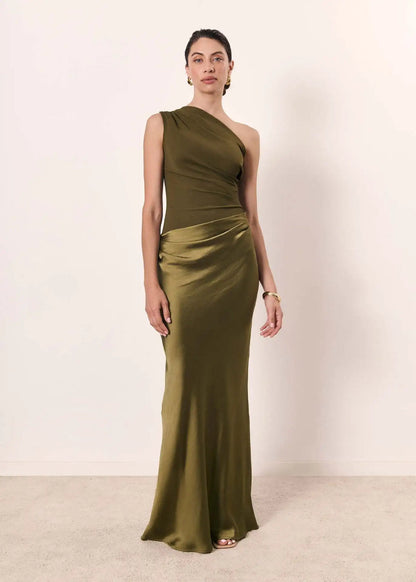 Women's One-Shoulder Satin Maxi Dress – Ruched Bodice, Elegant Formal Style